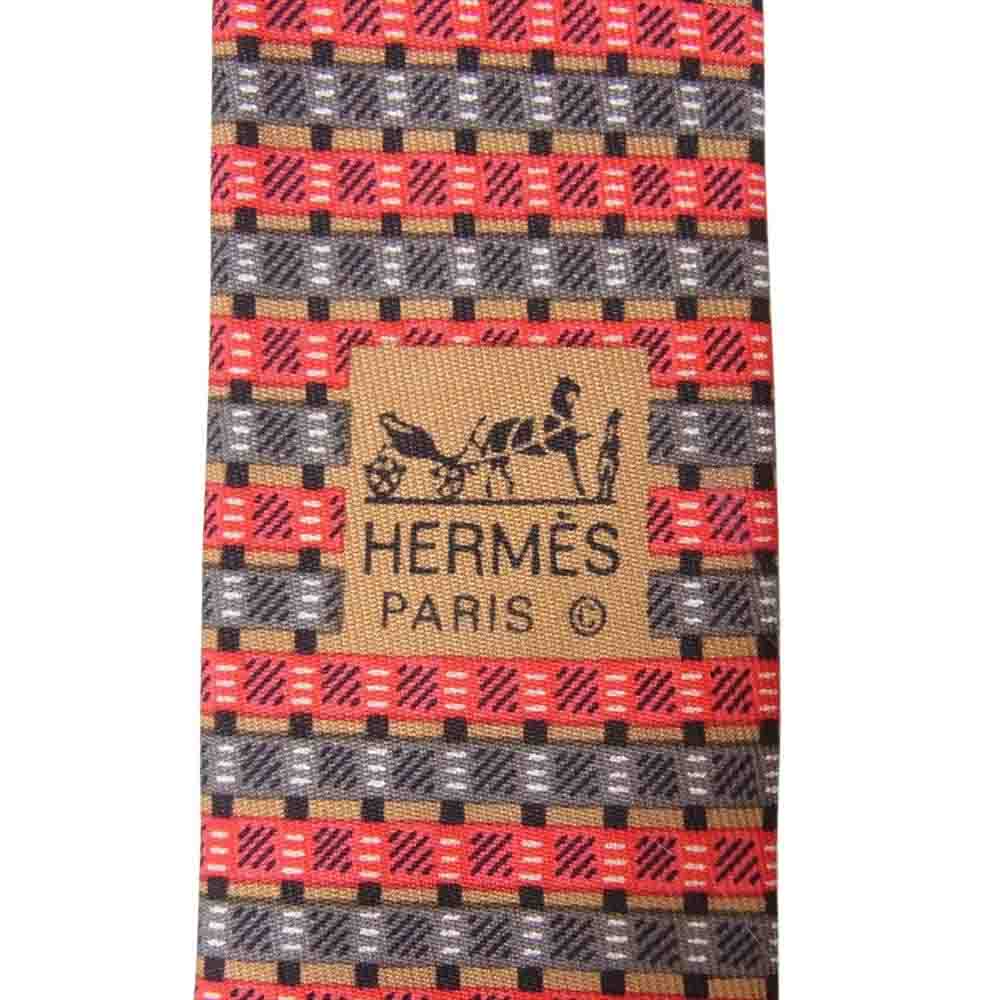 HERMES エルメス チェック柄 ネクタイ レッド系【美品】【中古】