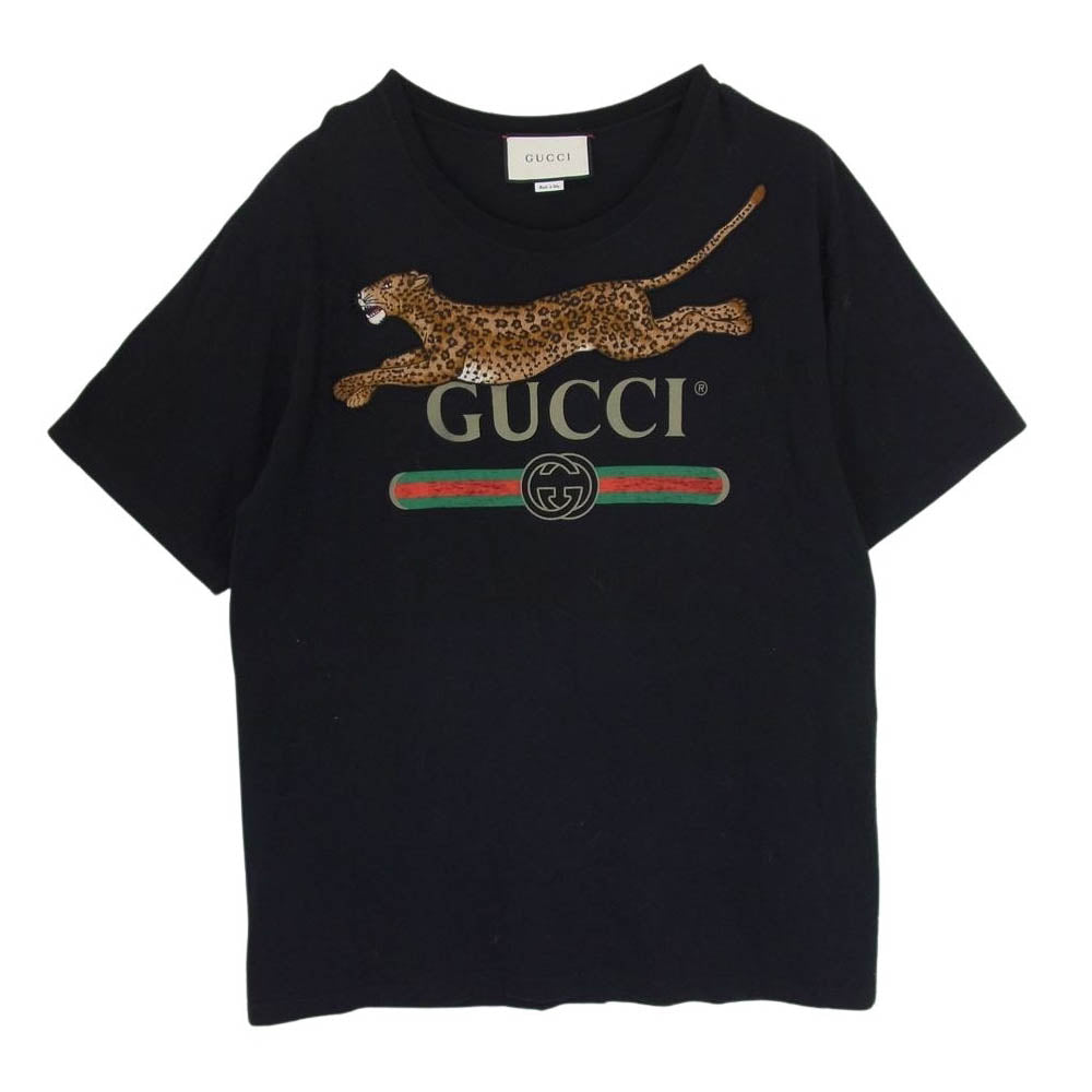 GUCCI グッチ 18SS 493117 X9X96 レオパード ヴィンテージロゴ プリント エンブロイダリー 刺繍 半袖 Tシャツ ブラック系 XL【中古】