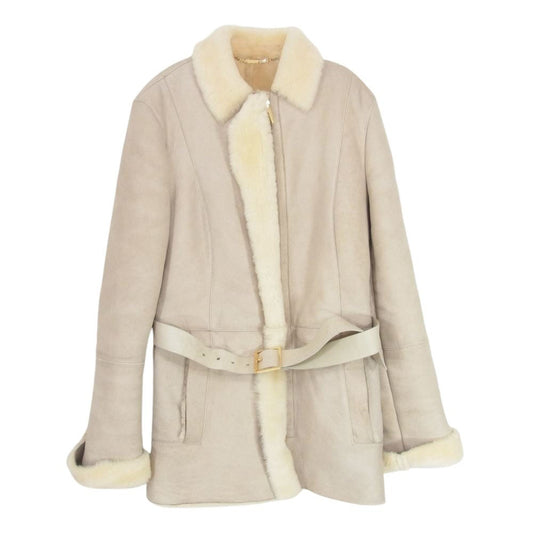 GUCCI グッチ GENUINE LEATHER ジェニュイン レザー ムートン ファー コート ジャケット ベージュ系 42【中古】