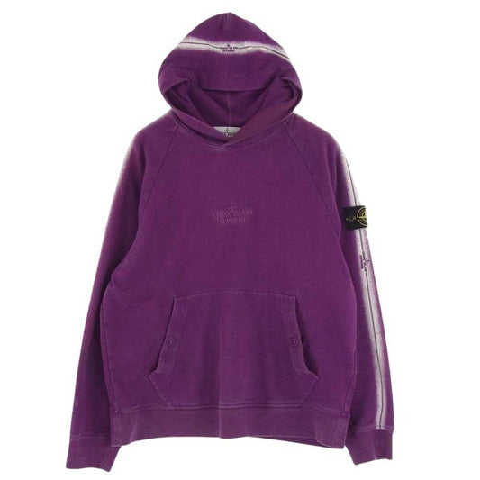 Supreme シュプリーム 19SS × Stone Island Hooded Sweatshirt ストーンアイランド ロゴ刺繍 ワッペンロゴ スウェット プルオーバー スウェット パーカー パープル系 M【中古】
