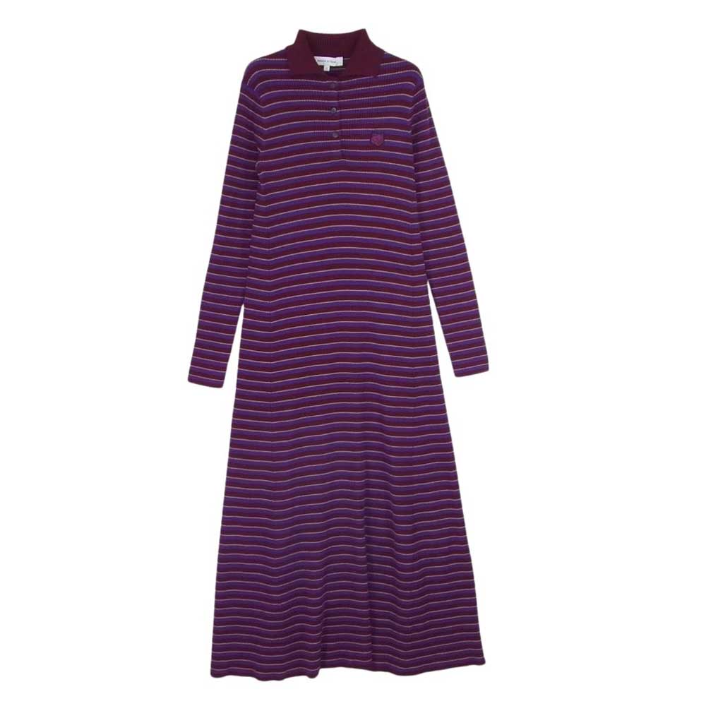 MAISON KITSUNE メゾンキツネ LW01601KT1091 BOLD FOX HEAD PATCH FINE RIBBED DRESS ボールド フォックス ヘッド パッチ ファイン リブ ドレスストライプ ドレス 長袖 ワンピース エンジ系 S【中古】