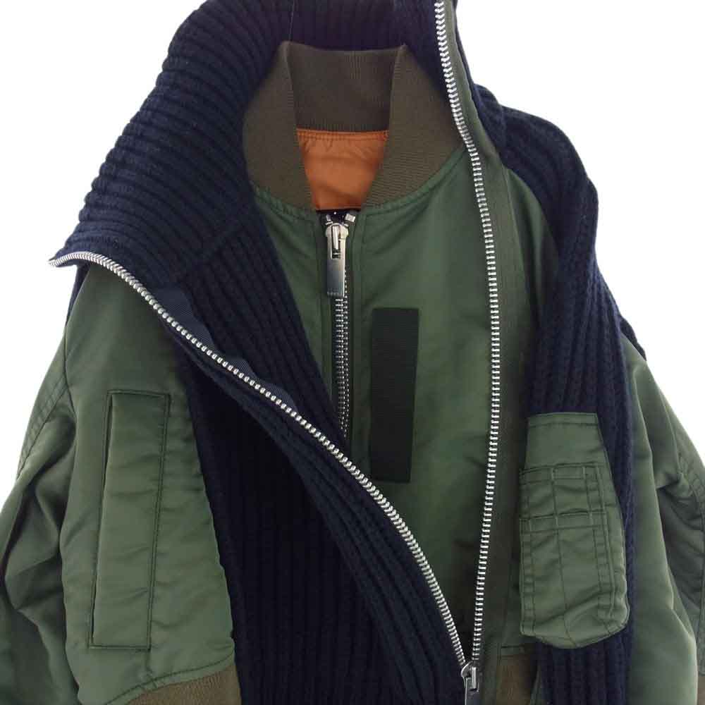 Sacai サカイ 22AW 22-06192 Nylon Twill Mix Wool Knit Blouson ナイロン ツイル ウール ニット ドッキング ブルゾン カーキ系 ネイビー系 1【中古】