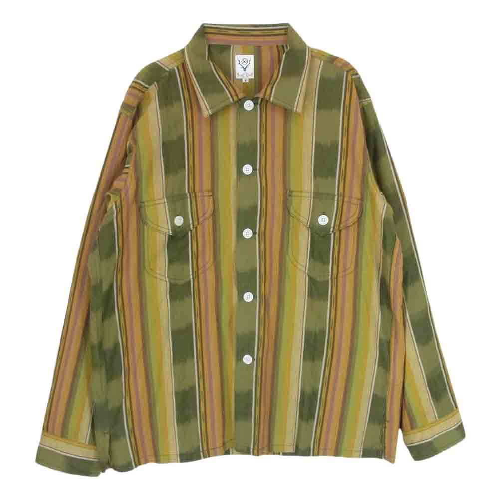 サウスツーウエストエイト GL831 Smokey Shirt Cotton Cloth Ikat Pattern エスニック マルチストライプ 長袖 シャツ カーキ系 S【中古】