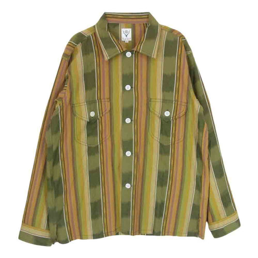サウスツーウエストエイト GL831 Smokey Shirt Cotton Cloth Ikat Pattern エスニック マルチストライプ 長袖 シャツ カーキ系 S【中古】