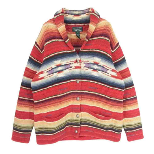 POLO RALPH LAUREN ポロ・ラルフローレン 90s ネイティブ柄 ショールカラー ジャガード コンチョボタン コットン ニット カーディガン レッド系 S【中古】
