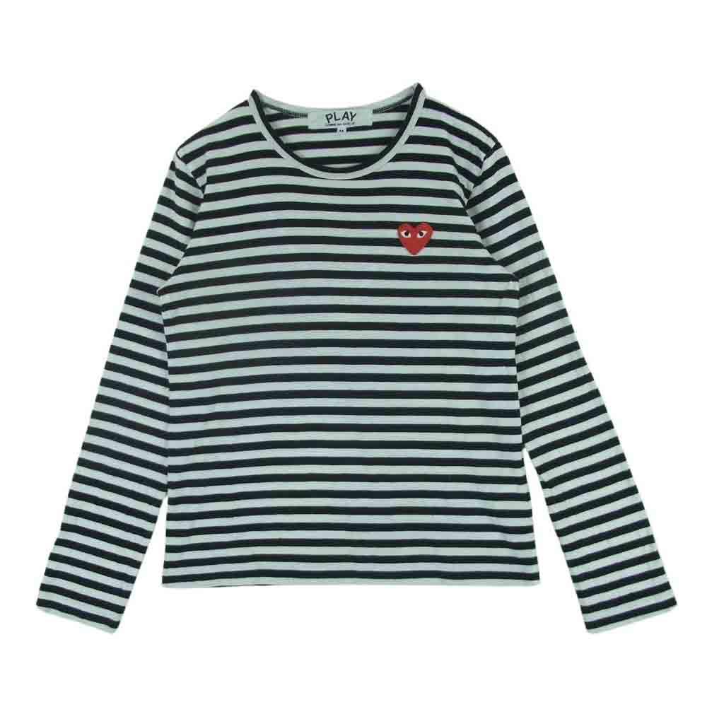 PLAY COMME des GARCONS プレイコムデギャルソン AD2019 AZ-T163  ハートワッペン ボーダー カットソー 長袖 Tシャツ レディース ブラック系 ホワイト系 M【中古】