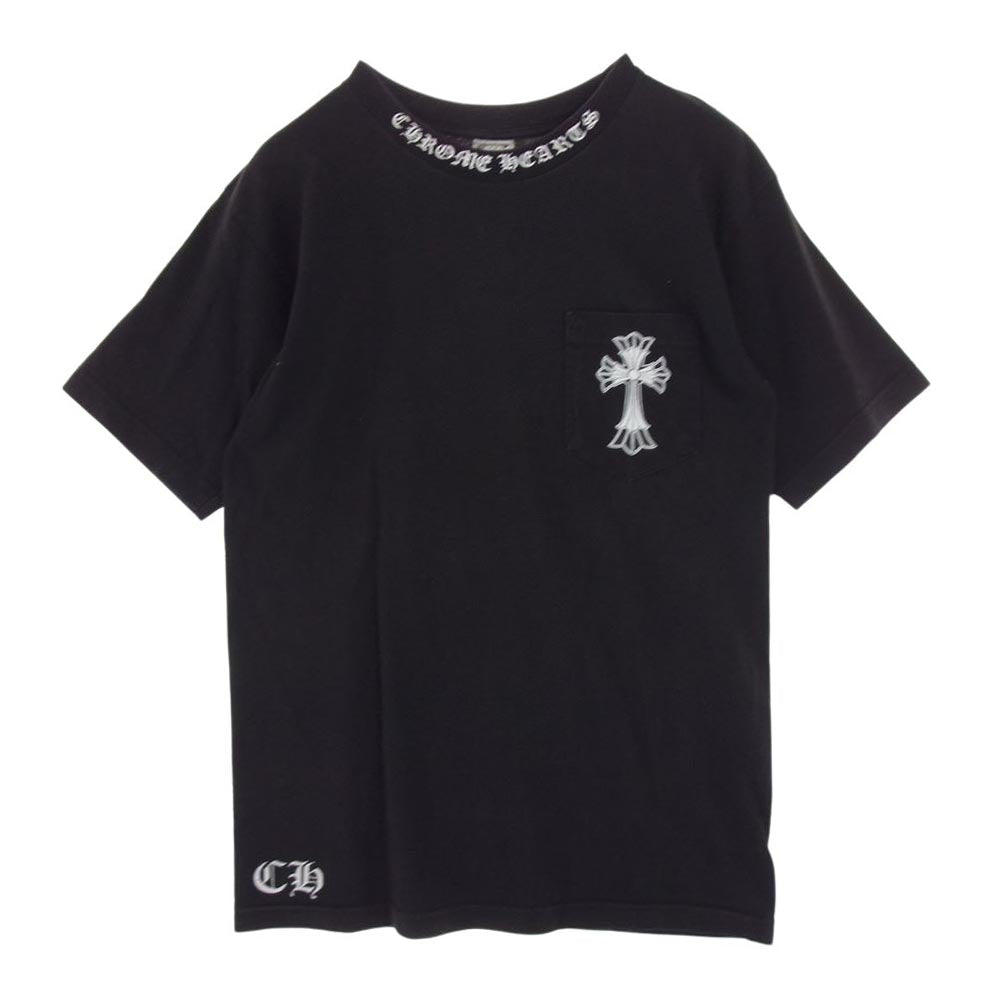 CHROME HEARTS クロムハーツ（原本無） ネックロゴ ダブルCHクロス バックプリント ポケット付き 半袖 Tシャツ ブラック系 M【中古】