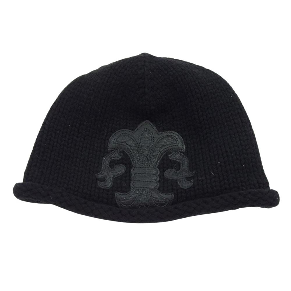 CHROME HEARTS クロムハーツ（原本無） BEANIE CASH カシミヤ100％ BSフレアコンチョボタン レザーパッチ ビーニー ニットキャップ ブラック系【中古】