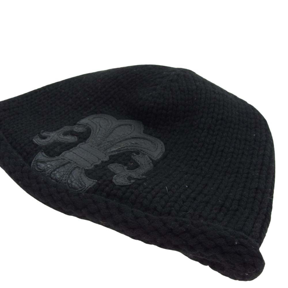 CHROME HEARTS クロムハーツ（原本無） BEANIE CASH カシミヤ100％ BSフレアコンチョボタン レザーパッチ ビーニー ニットキャップ ブラック系【中古】