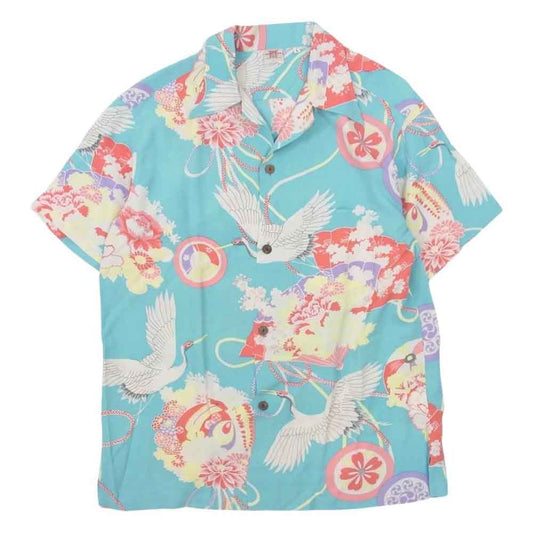 SUN SURF サンサーフ SS38423 スペシャルエディション HULA GIRL フラガール 総柄 半袖 レーヨン アロハ シャツ ライトブルー系 L【美品】【中古】