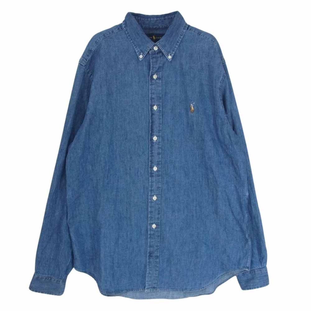 RALPH LAUREN ラルフローレン ロゴ 刺繍 ボタンダウン デニム 長袖 シャツ インディゴブルー系 サイズ表記無【中古】