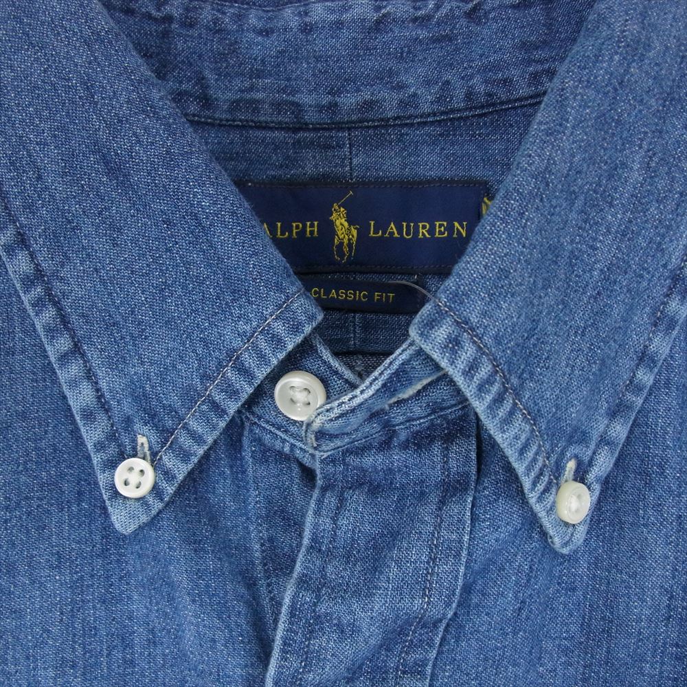 RALPH LAUREN ラルフローレン ロゴ 刺繍 ボタンダウン デニム 長袖 シャツ インディゴブルー系 サイズ表記無【中古】