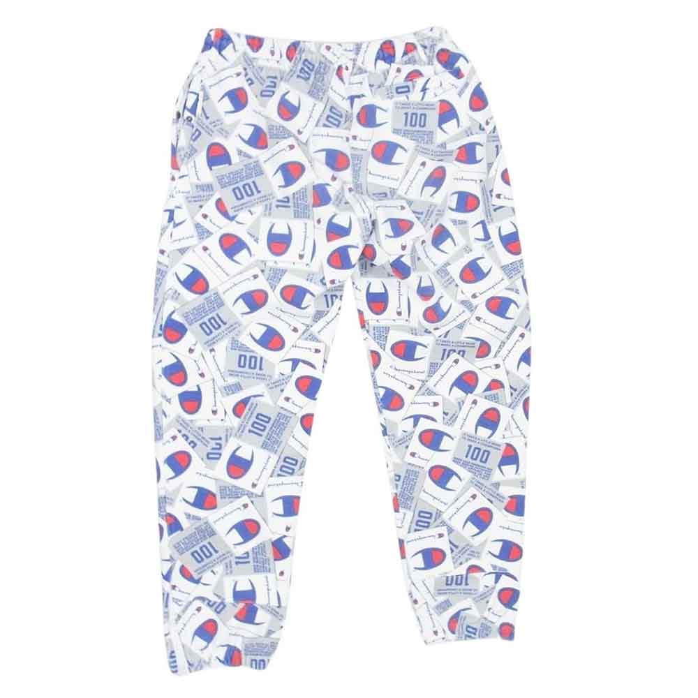 Champion チャンピオン Super Fleece スーパー フリース ロゴ 総柄 裾ジップ スウェット パンツ ホワイト系 L【中古】
