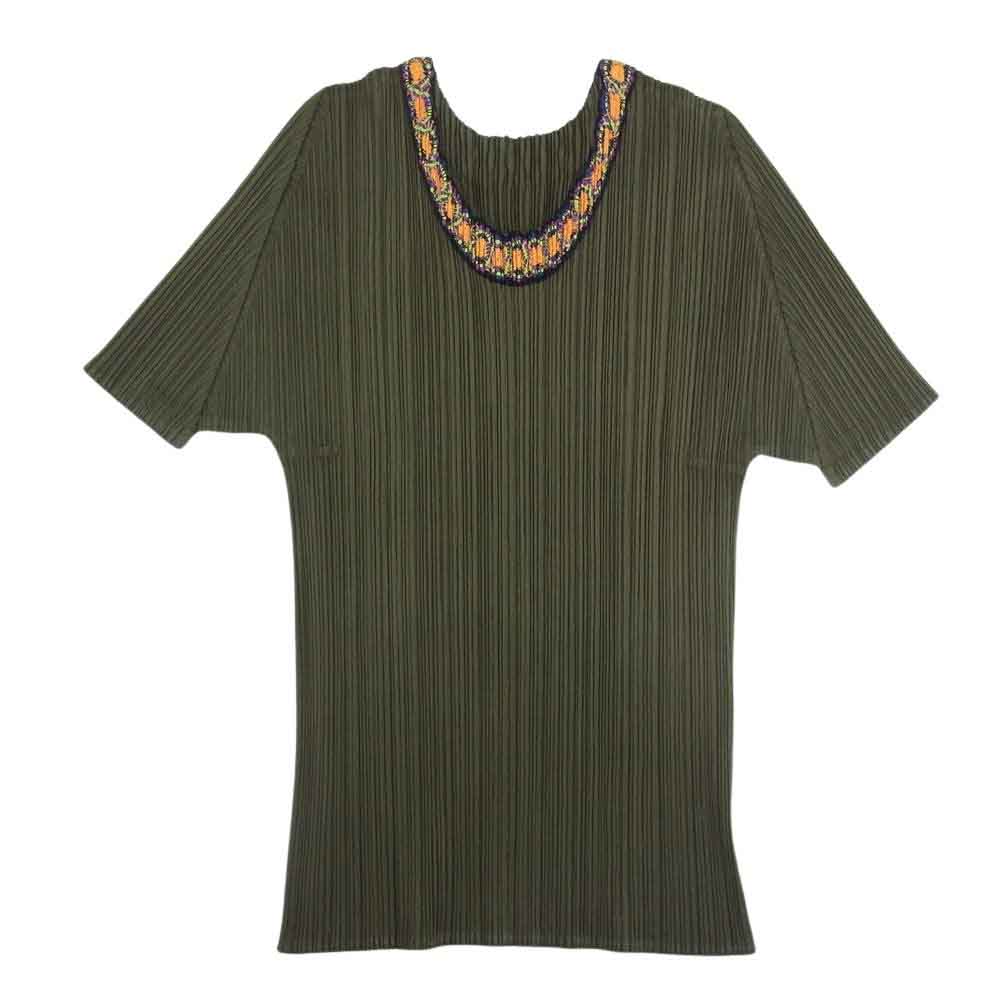 PLEATS PLEASE プリーツプリーズ イッセイミヤケ PP73-JK572 プリーツ加工 襟刺繡 カットソー 半袖 カーキ系 3【美品】【中古】