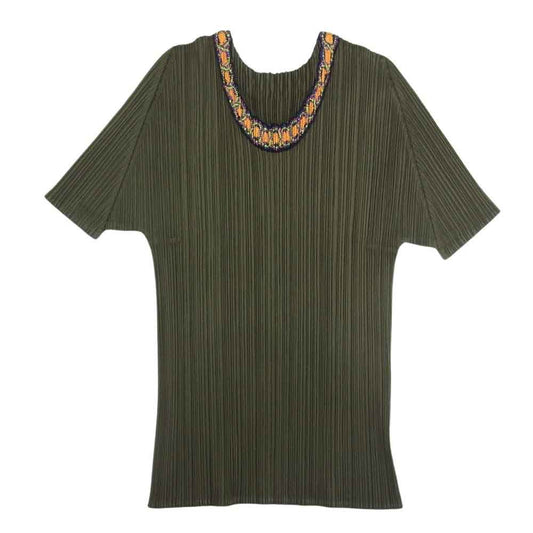 PLEATS PLEASE プリーツプリーズ イッセイミヤケ PP73-JK572 プリーツ加工 襟刺繡 カットソー 半袖 カーキ系 3【美品】【中古】
