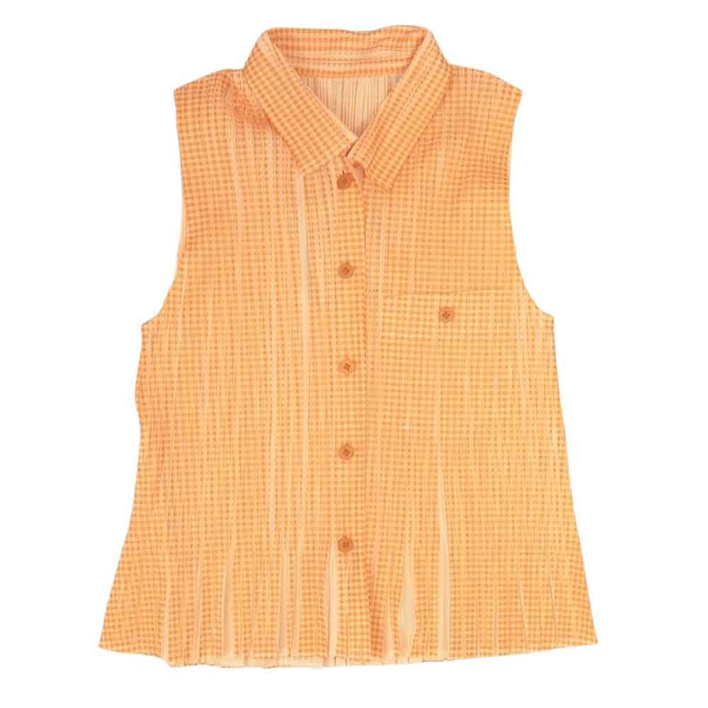 PLEATS PLEASE プリーツプリーズ イッセイミヤケ PP22-JE851 プリーツ加工 ギンガムチェック 転写 ノースリーブ ブラウス カットソー オレンジ系 3【美品】【中古】