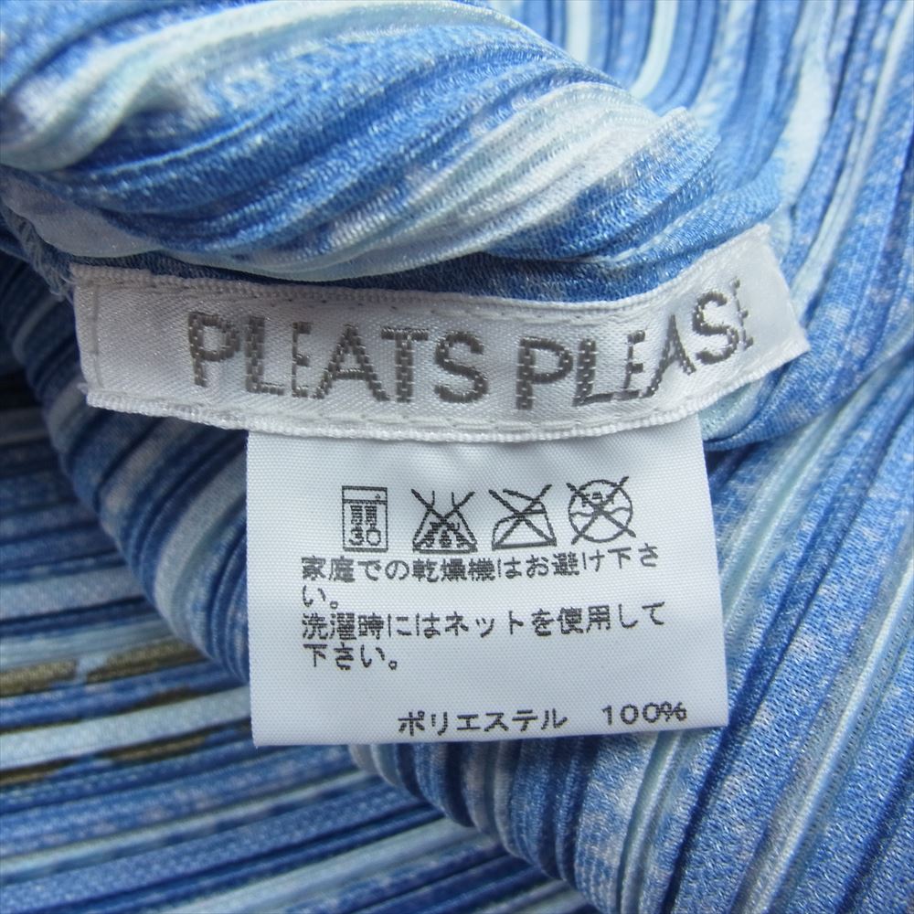 PLEATS PLEASE プリーツプリーズ イッセイミヤケ PP23-JT536 プリーツ加工 ストライプ デニム 転写 フレンチスリーブ チュニック ワンピース ブルー系 4【美品】【中古】