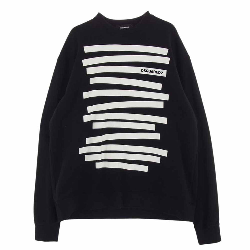 DSQUARED2 ディースクエアード S71GU0436 S25462 Sweatshirt With Stripes And Logo ストライプ ロゴプリント クル－ネック スウェット シャツ ブラック系 ホワイト系 L【中古】