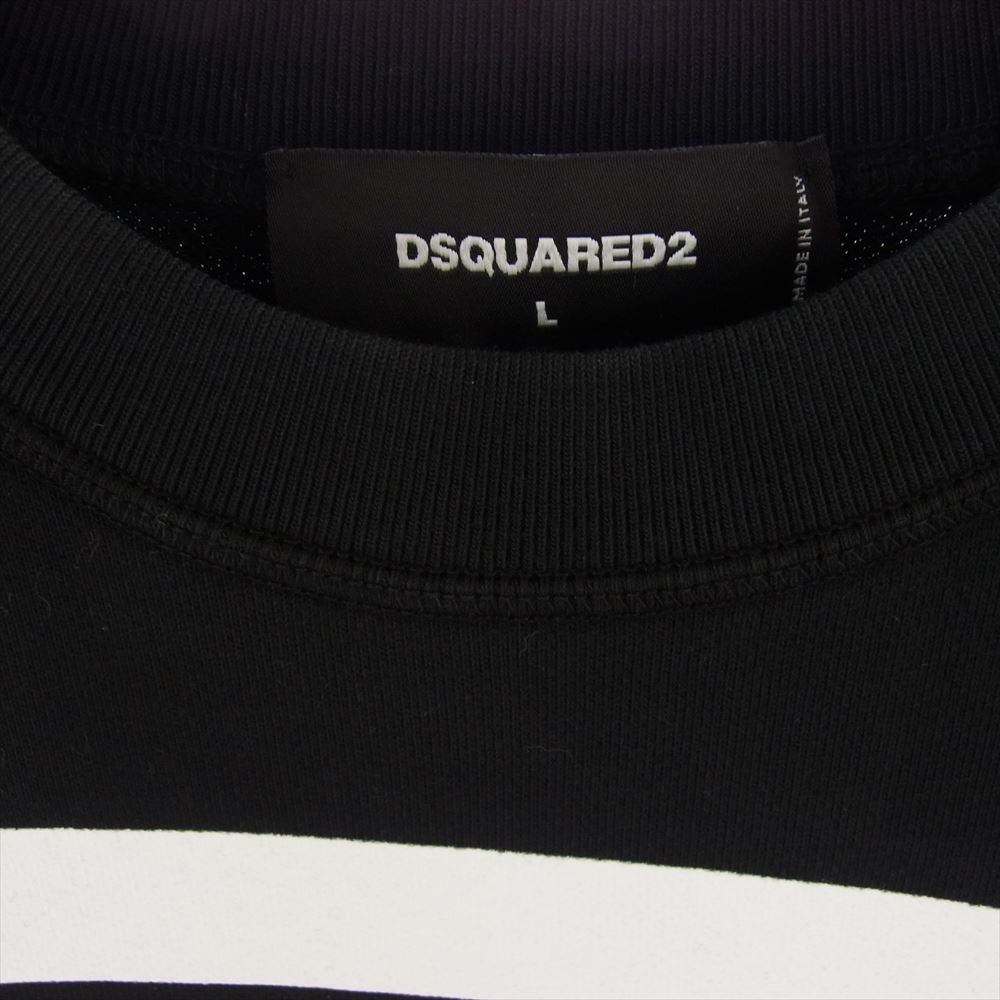 DSQUARED2 ディースクエアード S71GU0436 S25462 Sweatshirt With Stripes And Logo ストライプ ロゴプリント クル－ネック スウェット シャツ ブラック系 ホワイト系 L【中古】