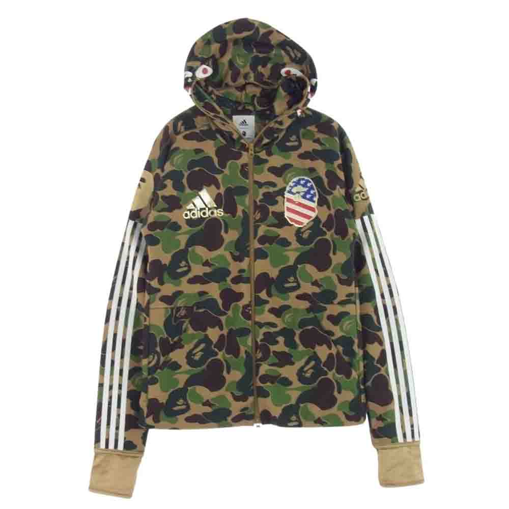 A BATHING APE アベイシングエイプ × Adidas アディダス Shark Hoodie シャーク フーディ ジップ パーカー グリーン系 マルチカラー系 M【美品】【中古】