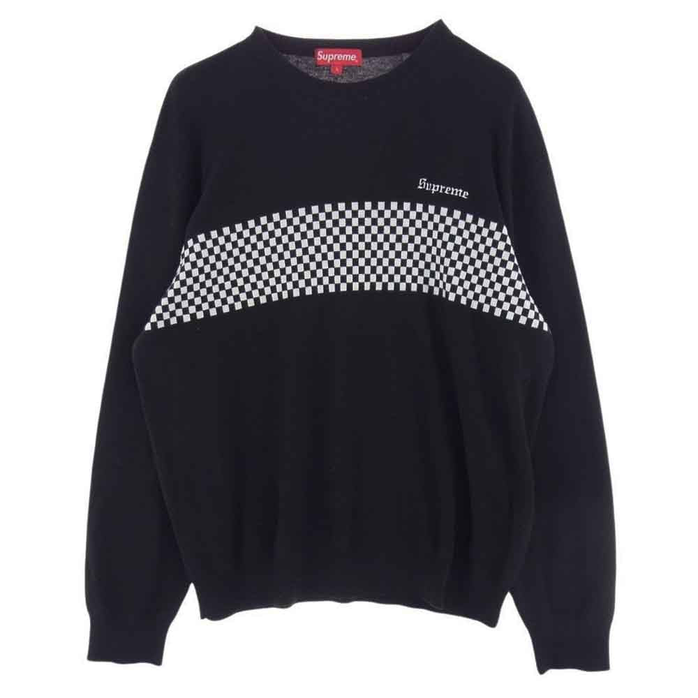 Supreme シュプリーム 18SS Checkered Panel Crewneck Sweater チェッカー パネル クルーネック セーター ブラック系 M【中古】