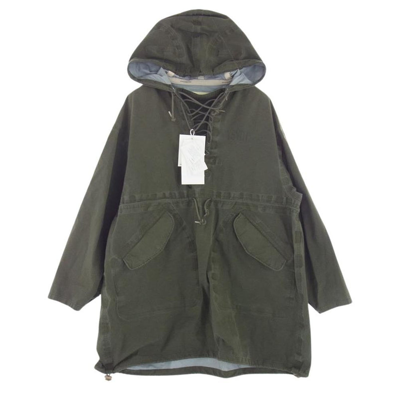 VISVIM ビズビム 24SS 0124105013002 CHINOOK PONCHO 3L DMGD OLIVE VSVMプリント 3Lラミネート ダメージ加工 オックスフォード レースアップ プルオーバージャケット モスグリーン系 オリーブ 1【美品】【中古】