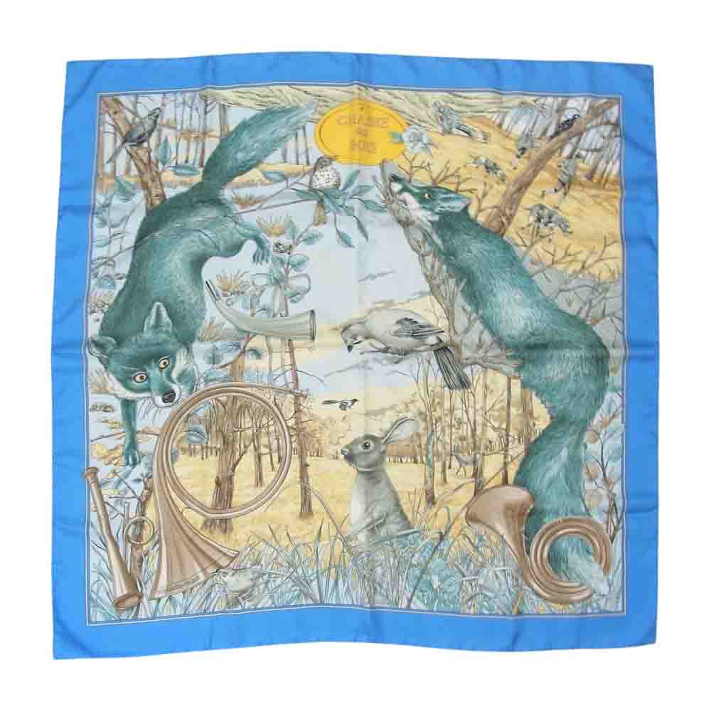HERMES エルメス カレ90 CHASSE au BOIS 森の狩猟 シルク100％ スカーフ ブルー系【中古】