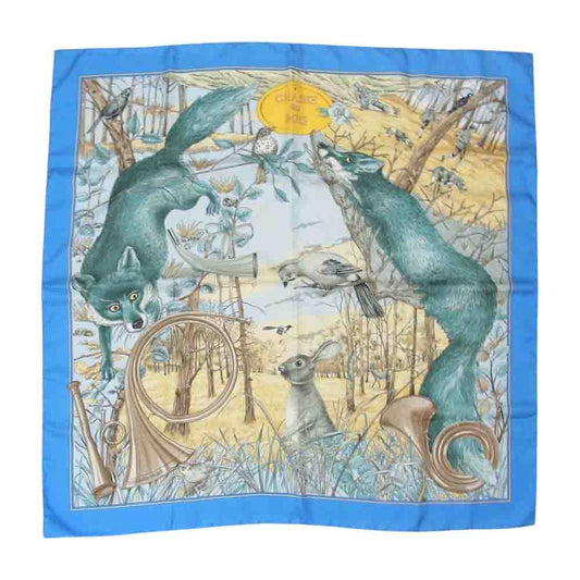 HERMES エルメス カレ90 CHASSE au BOIS 森の狩猟 シルク100％ スカーフ ブルー系【中古】