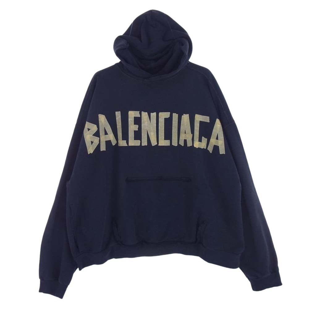 BALENCIAGA バレンシアガ 23SS 744441 TOVB1 Tape Type Ripped Pocket Hoodie テープタイプ ポケット ロゴ ヴィンテージ加工 ダメージ加工 フーディー パーカー ネイビー系 L【中古】