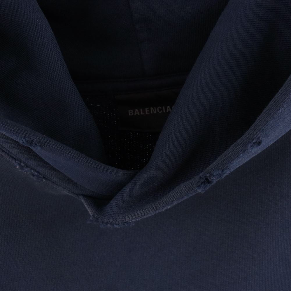 BALENCIAGA バレンシアガ 23SS 744441 TOVB1 Tape Type Ripped Pocket Hoodie テープタイプ ポケット ロゴ ヴィンテージ加工 ダメージ加工 フーディー パーカー ネイビー系 L【中古】