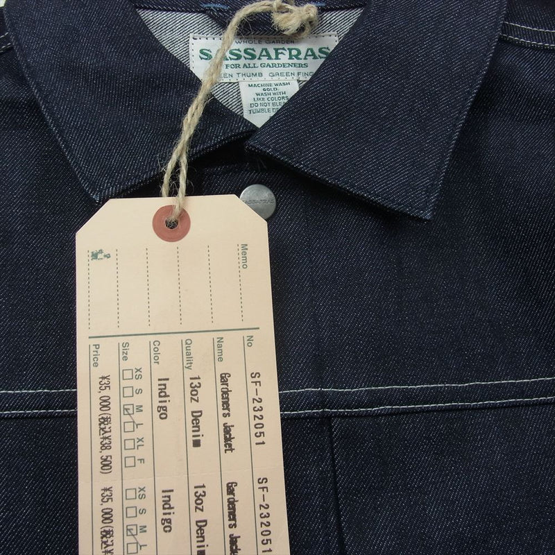 SASAFRAS ササフラス SF-232051 Gardeners Jacket 13oz Denim ガーデナーズ ジャケット インディゴブルー系 M【新古品】【未使用】【中古】