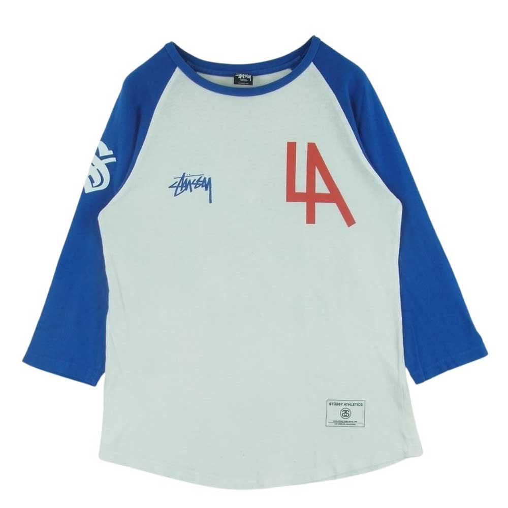 STUSSY ステューシー ストックロゴ ナンバリング 7分丈 ラグラン カットソー Tシャツ コットン ホワイト系 ブルー系 S【中古】