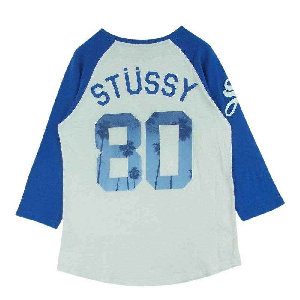 STUSSY ステューシー ストックロゴ ナンバリング 7分丈 ラグラン カットソー Tシャツ コットン ホワイト系 ブルー系 S【中古】