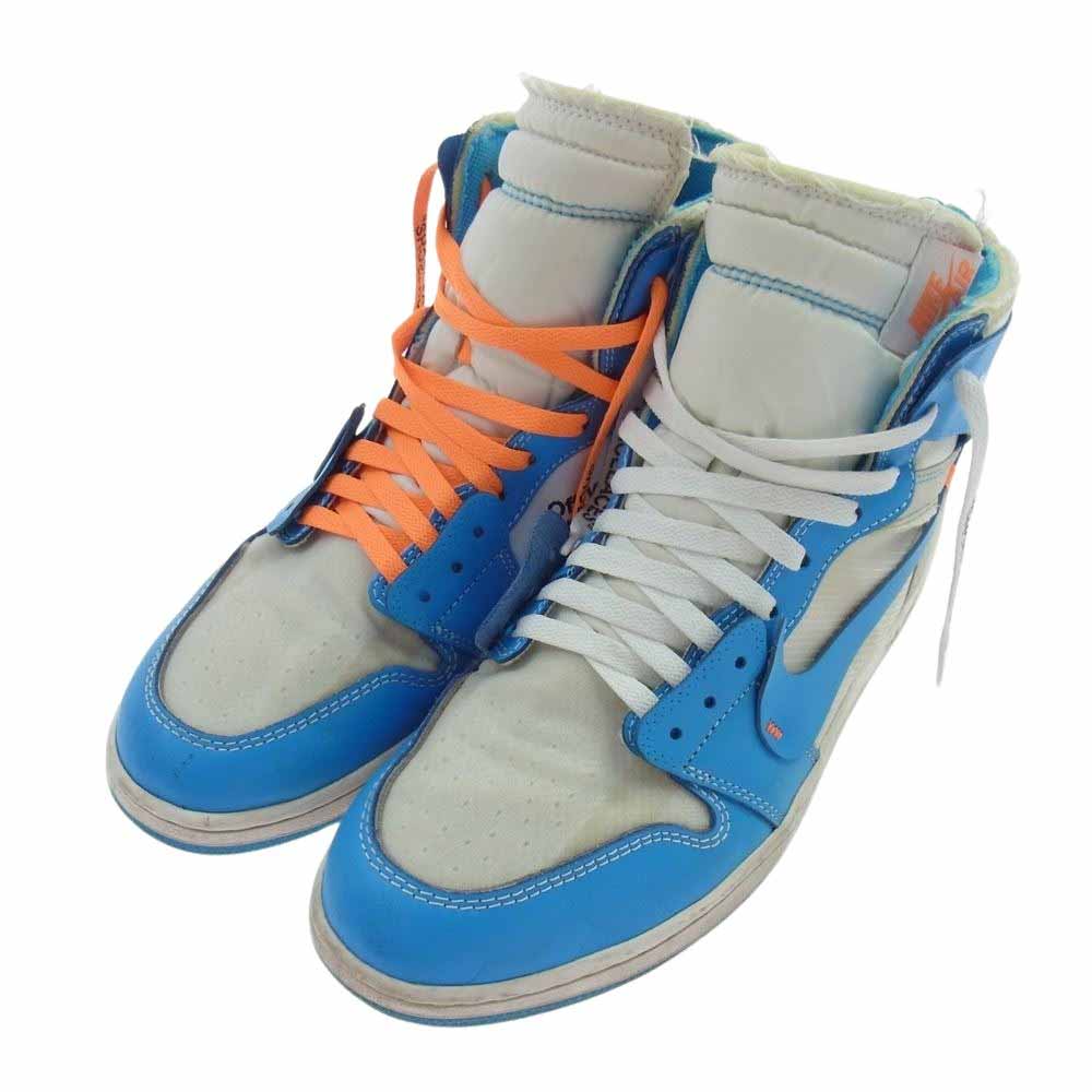 NIKE ナイキ AQ0818-148 フェイクバスターズ鑑定済 × Off-White オフホワイト Air Jordan 1 High UNC White Dark Powder Blue エアジョーダン1 ハイ UNC ホワイト ダーク パウダー ブルー スニーカー ライトブルー系 30cm【中古】