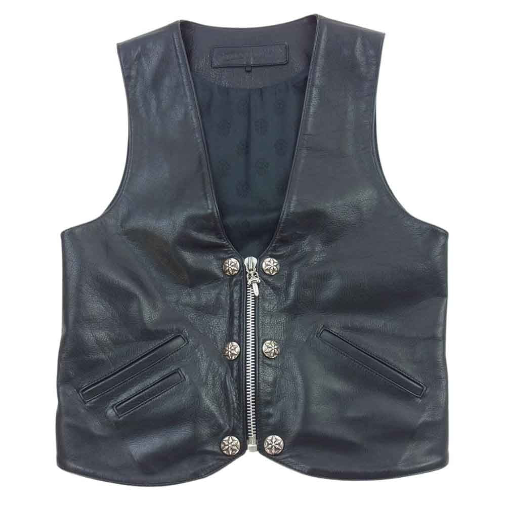 CHROME HEARTS クロムハーツ（原本無） 国内正規品 6BTN ZIP FRNT VEST スター ボタン ダガージップ レザー ベスト ブラック系 S【中古】