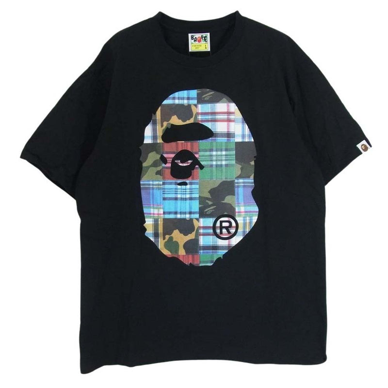 A BATHING APE アベイシングエイプ 001TEG301048X BAPE ベイプ チェックパッチワーク ロゴプリント クルーネック 半袖 Tシャツ ブラック系 L【中古】