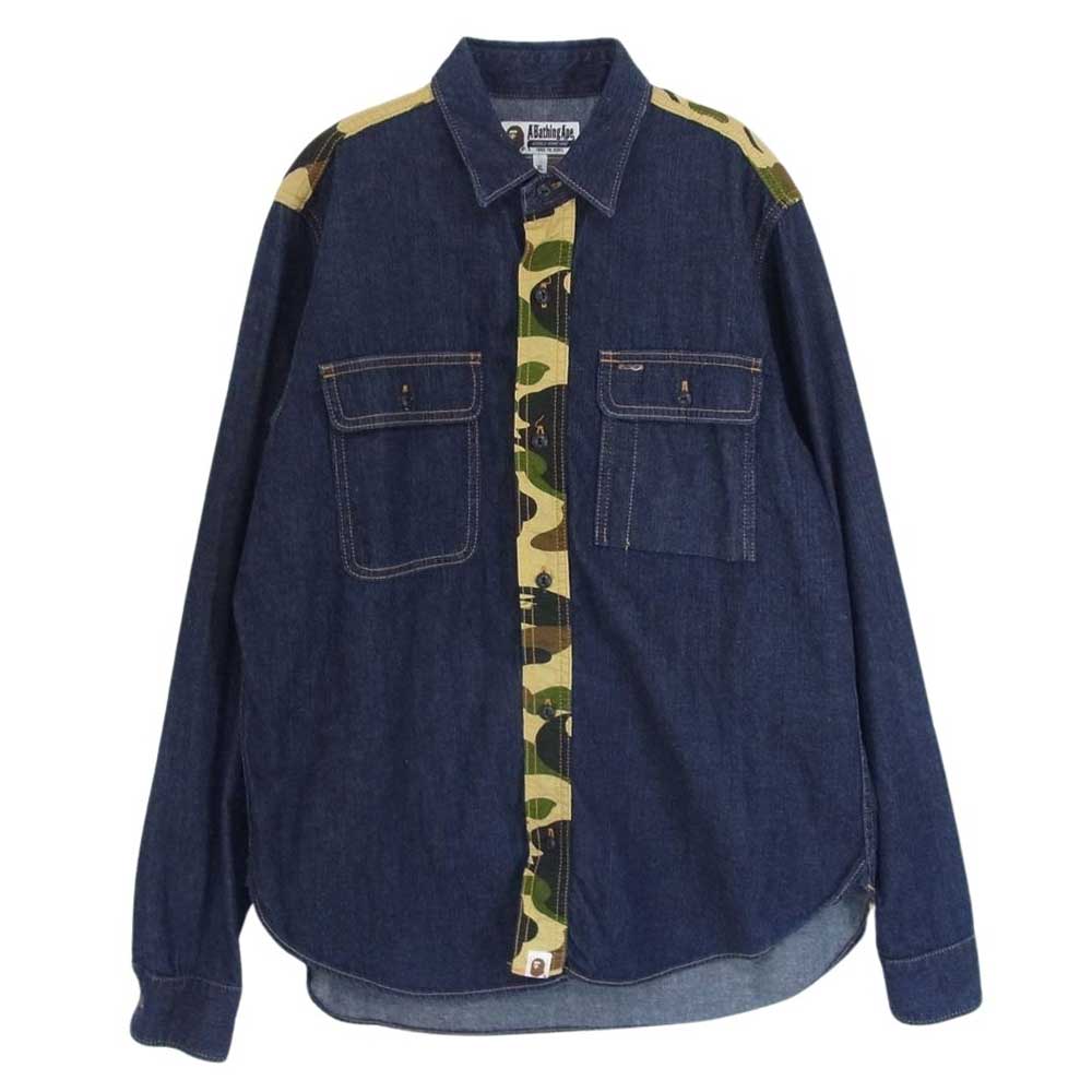 A BATHING APE アベイシングエイプ 001SHA801037X カモフラ切替 長袖 デニムシャツ ジャケット インディゴブルー系 XL【中古】