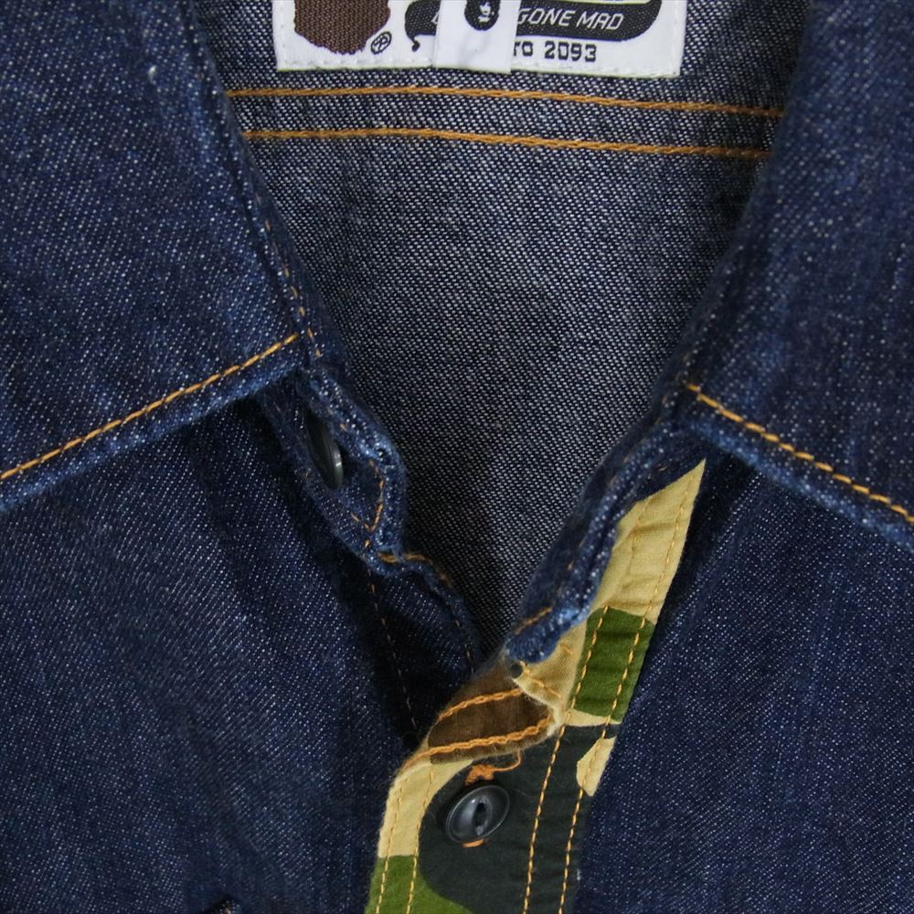 A BATHING APE アベイシングエイプ 001SHA801037X カモフラ切替 長袖 デニムシャツ ジャケット インディゴブルー系 XL【中古】