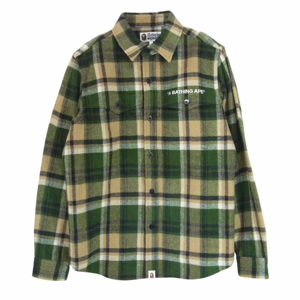 A BATHING APE アベイシングエイプ 001SHH801001M ロゴ刺繍 ウール チェック シャツ グリーン系 M【中古】
