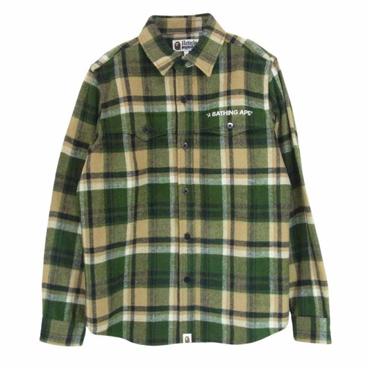 A BATHING APE アベイシングエイプ 001SHH801001M ロゴ刺繍 ウール チェック シャツ グリーン系 M【中古】