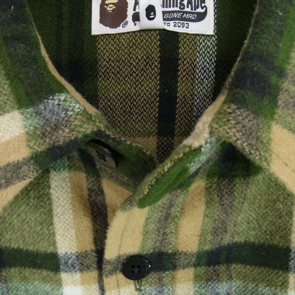 A BATHING APE アベイシングエイプ 001SHH801001M ロゴ刺繍 ウール チェック シャツ グリーン系 M【中古】