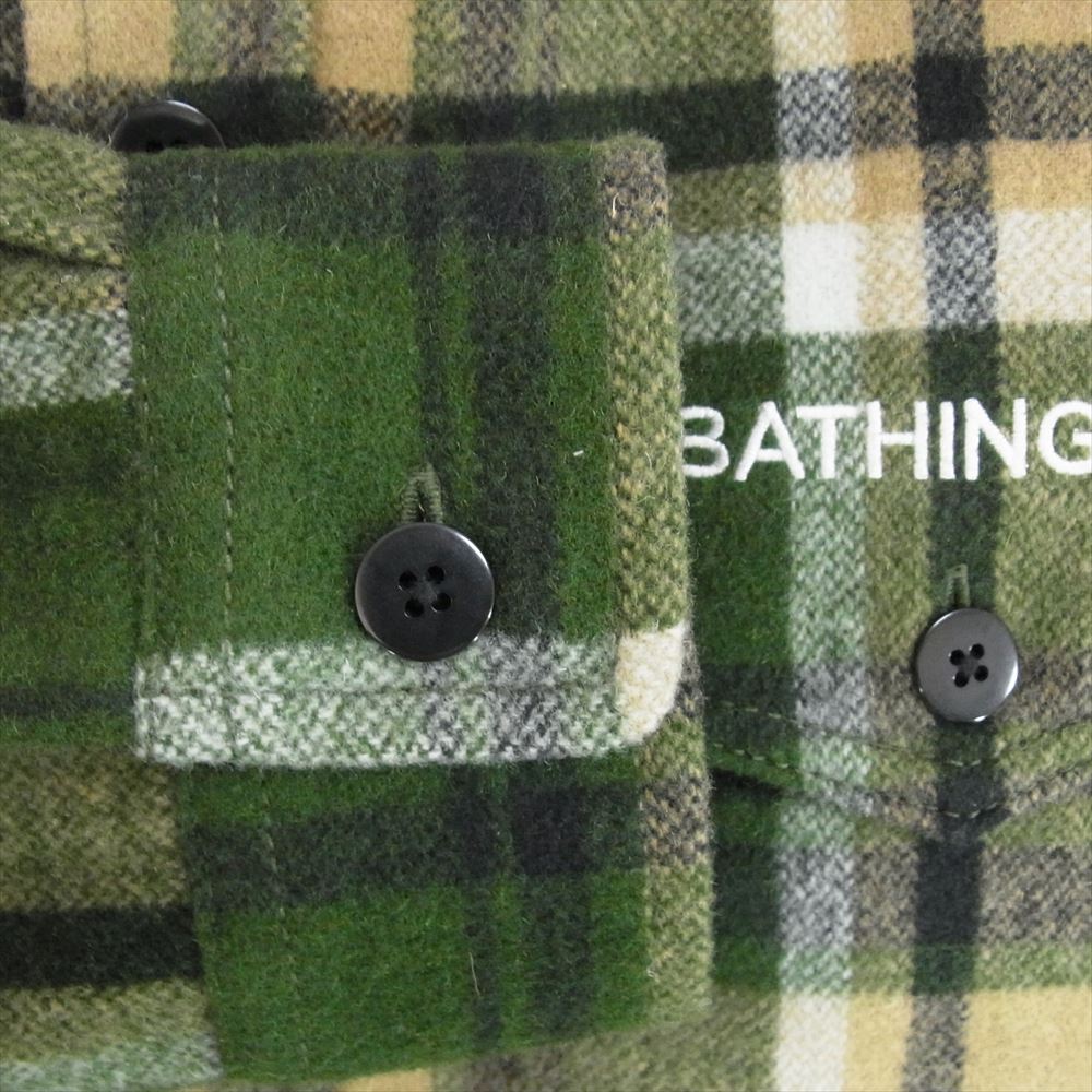 A BATHING APE アベイシングエイプ 001SHH801001M ロゴ刺繍 ウール チェック シャツ グリーン系 M【中古】