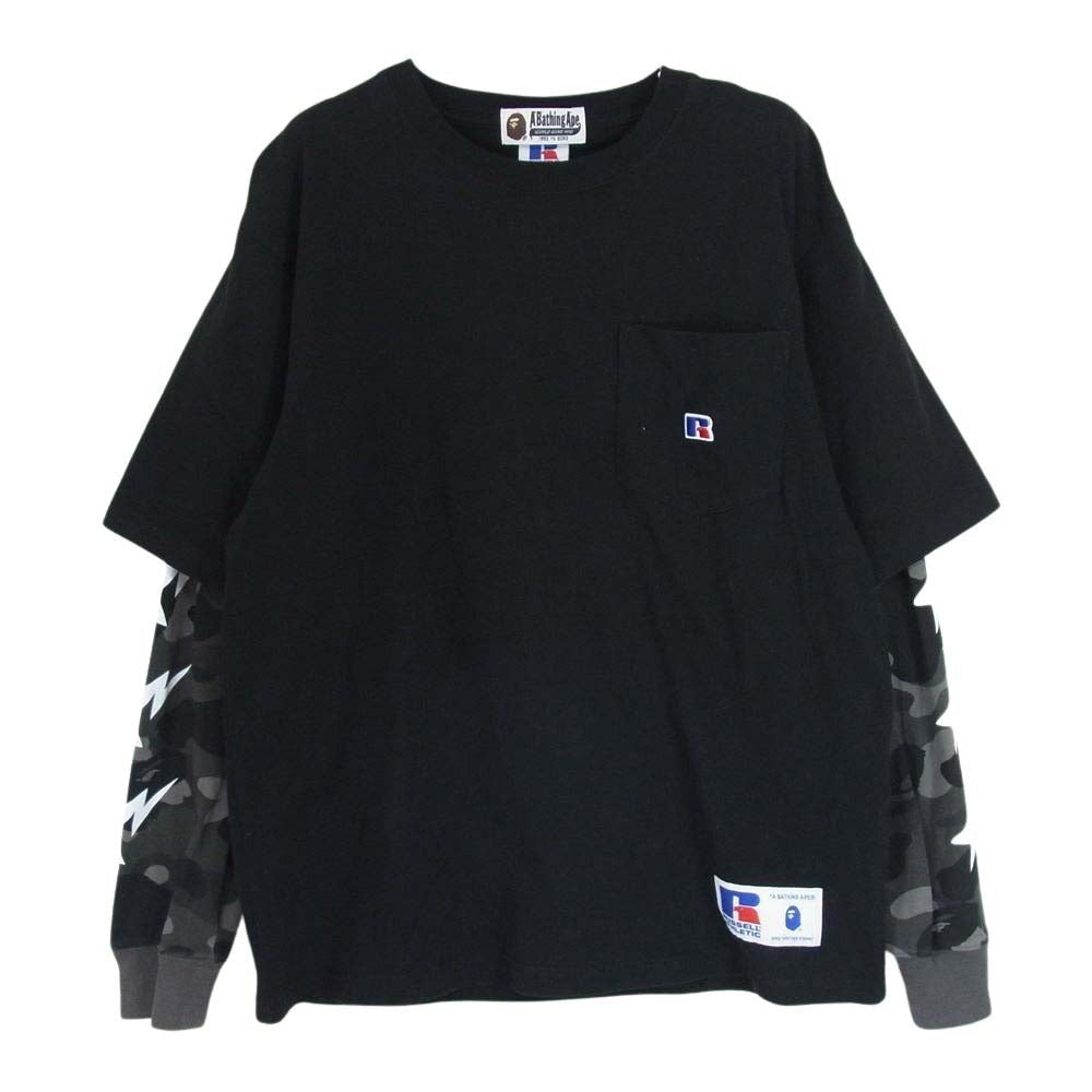A BATHING APE アベイシングエイプ 001LTG731921X RUSSELL ATHLETIC ラッセルアスレチック バックロゴ レイヤード カモフラスリーブ 長袖 Tシャツ ブラック系 L【中古】