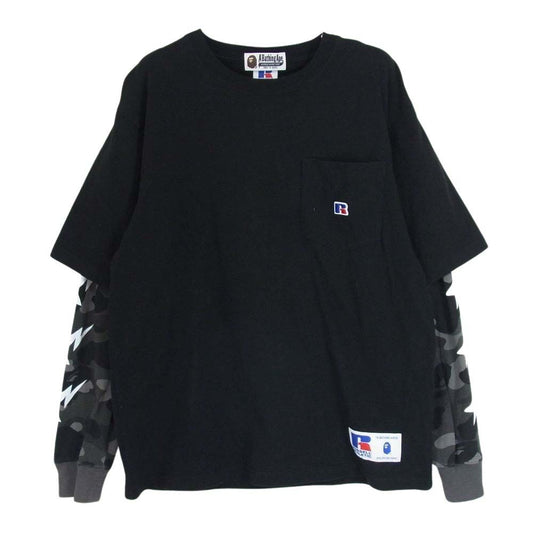A BATHING APE アベイシングエイプ 001LTG731921X RUSSELL ATHLETIC ラッセルアスレチック バックロゴ レイヤード カモフラスリーブ 長袖 Tシャツ ブラック系 L【中古】