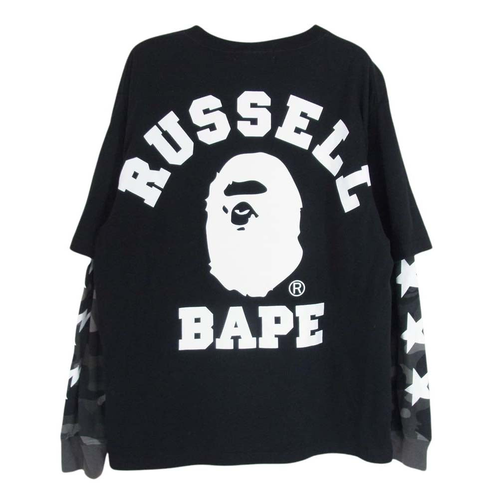 A BATHING APE アベイシングエイプ 001LTG731921X RUSSELL ATHLETIC ラッセルアスレチック バックロゴ レイヤード カモフラスリーブ 長袖 Tシャツ ブラック系 L【中古】