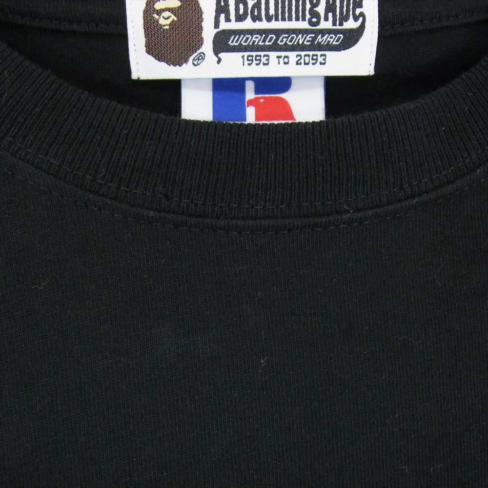 A BATHING APE アベイシングエイプ 001LTG731921X RUSSELL ATHLETIC ラッセルアスレチック バックロゴ レイヤード カモフラスリーブ 長袖 Tシャツ ブラック系 L【中古】