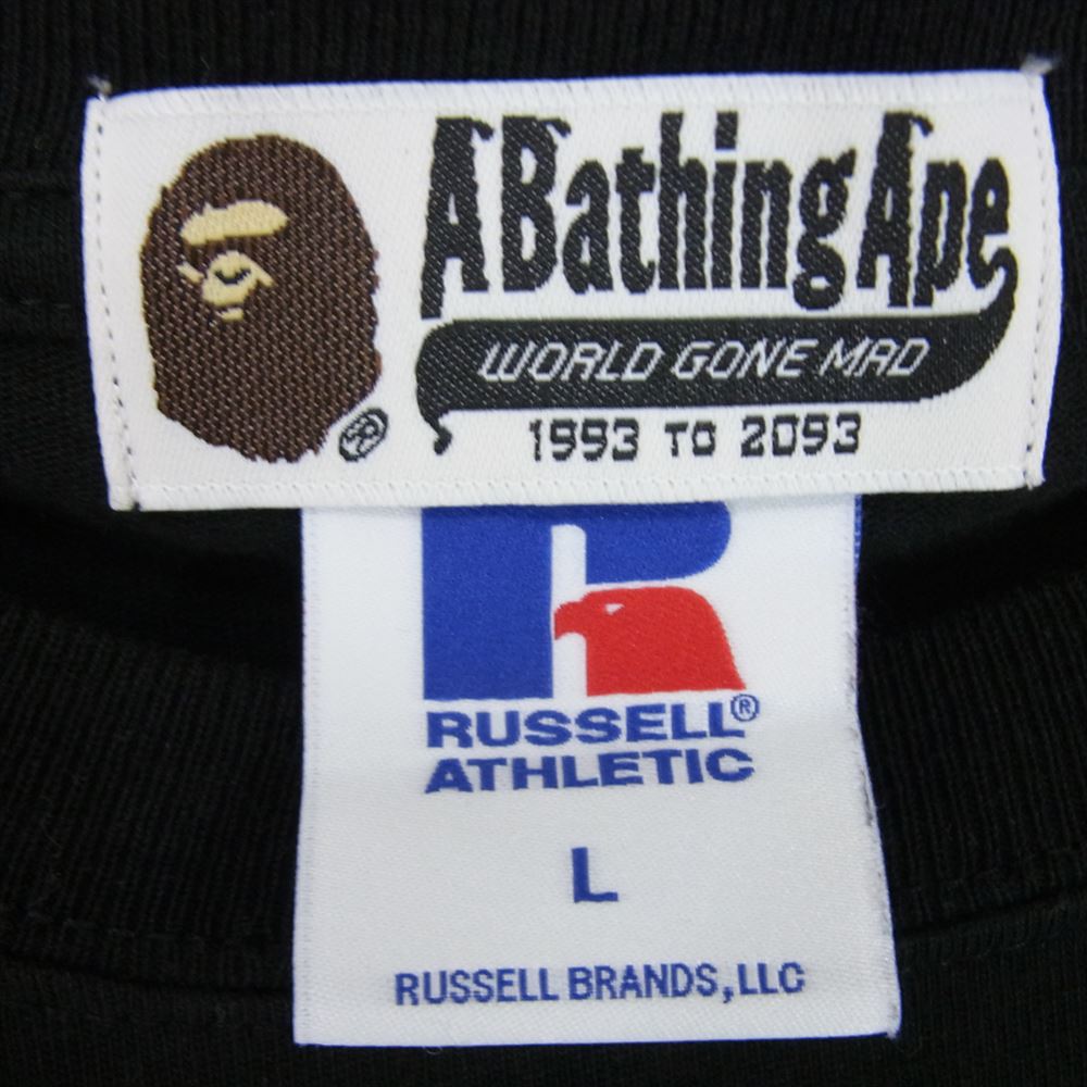 A BATHING APE アベイシングエイプ 001LTG731921X RUSSELL ATHLETIC ラッセルアスレチック バックロゴ レイヤード カモフラスリーブ 長袖 Tシャツ ブラック系 L【中古】
