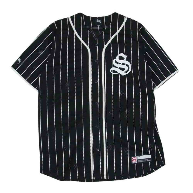 STUSSY ステューシー BASEBALL SHIRT ベースボール シャツ 半袖 メッシュ ストライプ ブラック系 M【中古】