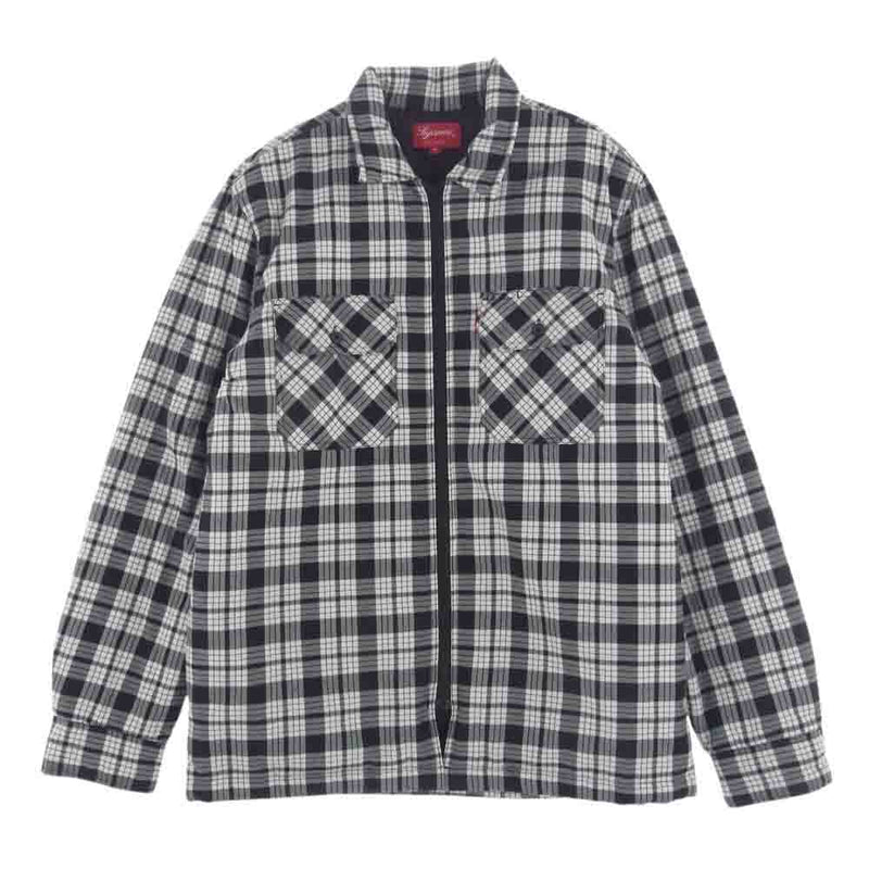 Supreme シュプリーム 14AW Quilted Zip Flannel Shirt キルテッド ジップ フランネル シャツ チェック 中綿 ジャケット ※フード欠品 ブラック系 ホワイト系 M【中古】