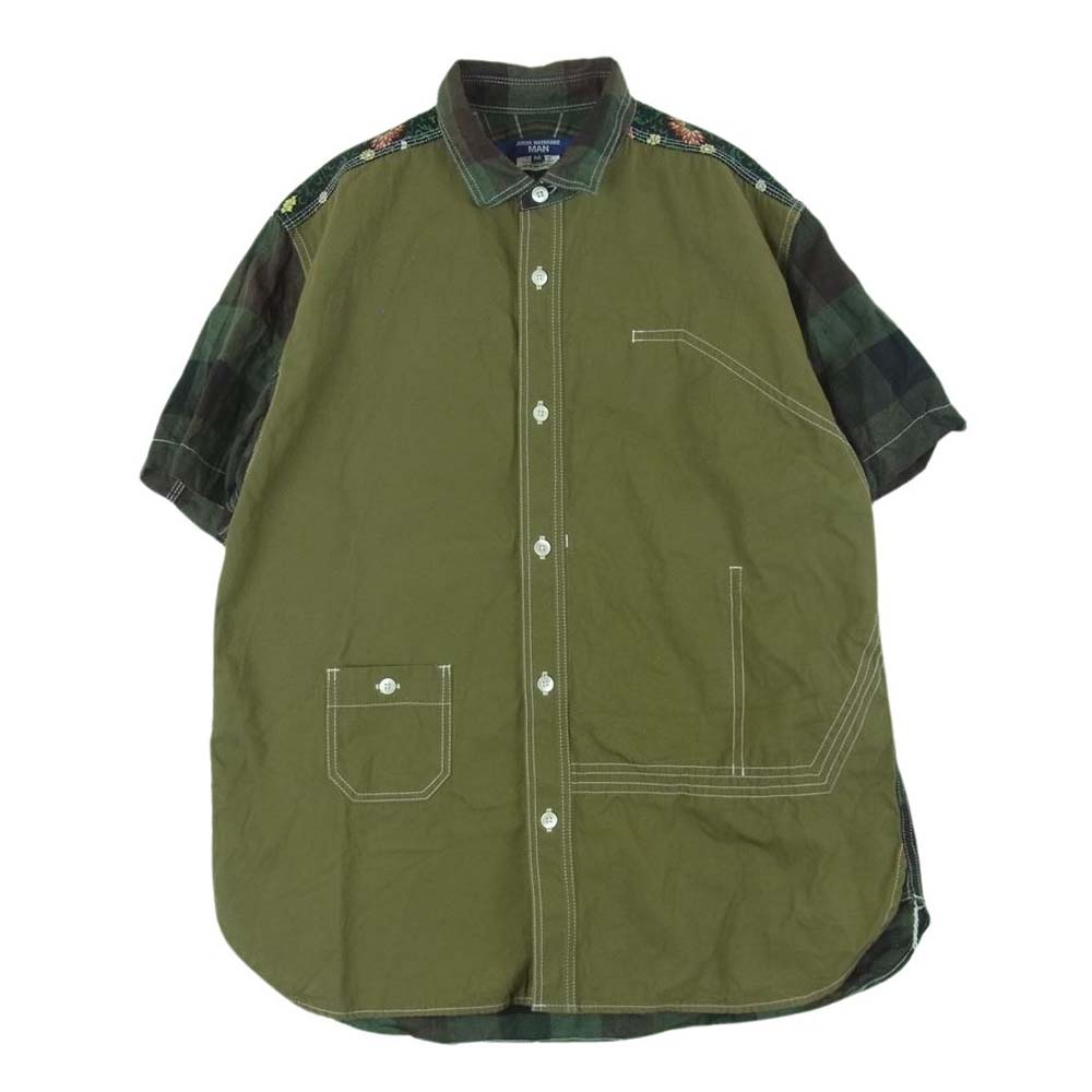 JUNYA WATANABE COMME des GARCONS MAN ジュンヤワタナベコムデギャルソンマン 22SS WI-B019 リネン 綿 チェック 花柄 半袖 シャツ カーキ系 グリーン系 M【中古】